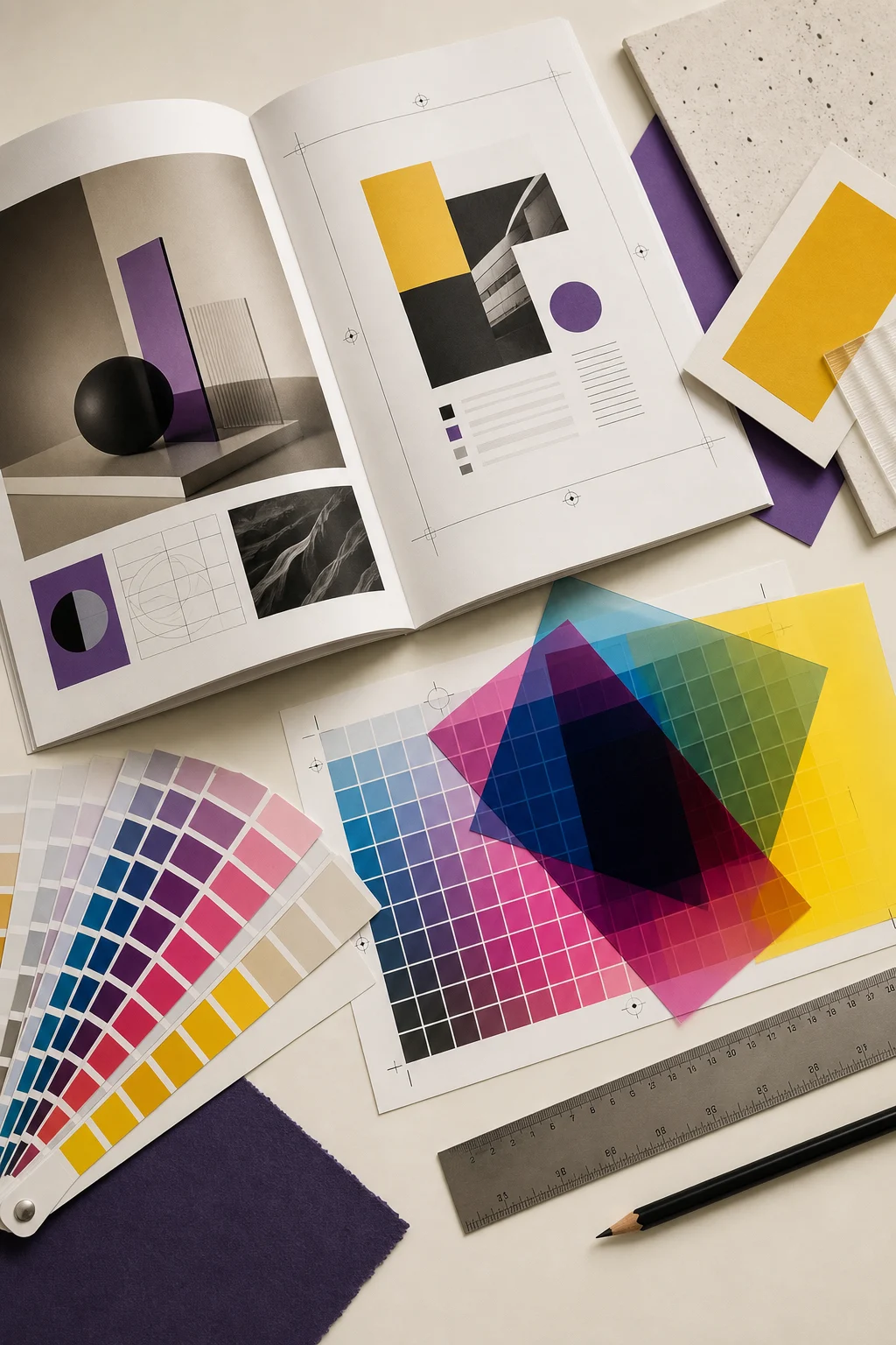 Editorial design workspace with magazine layout, CMYK color swatches and registration marks