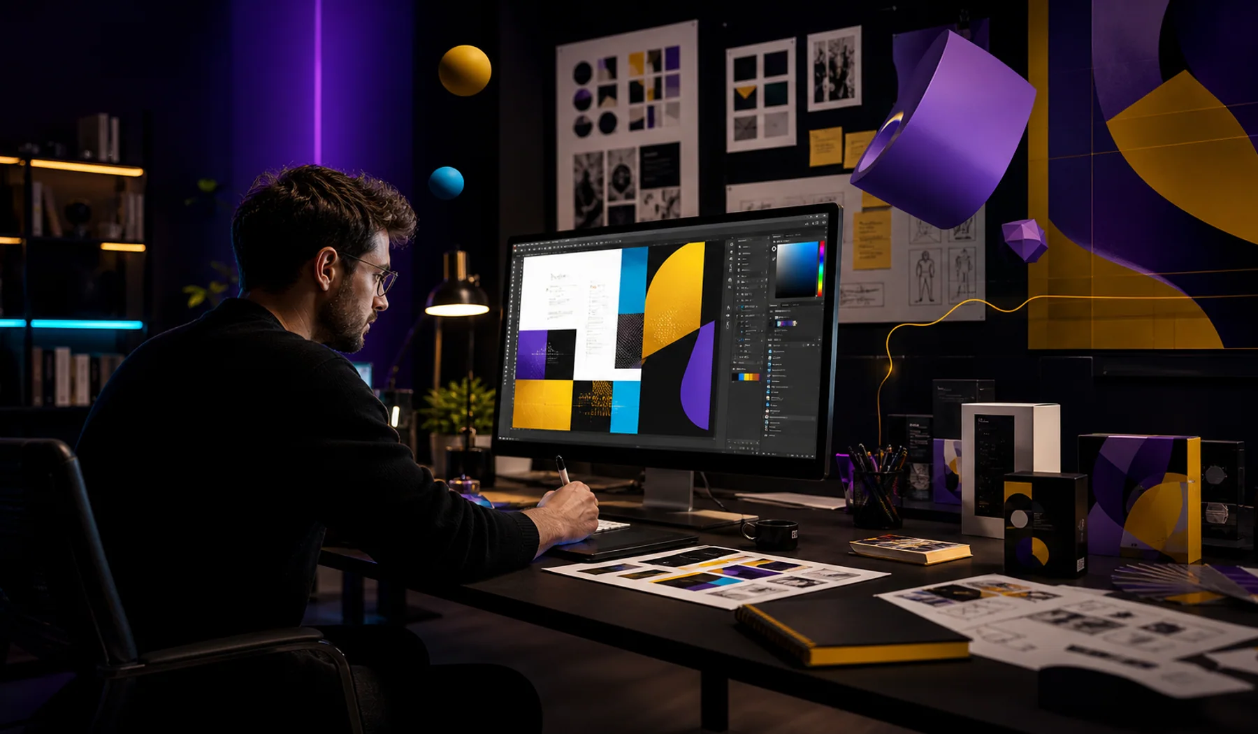 Designer developing a visual identity system at a creative studio
