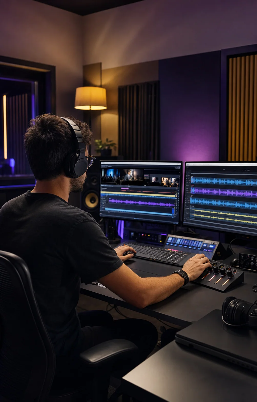 Podcast editor working in a professional audio and video postproduction suite