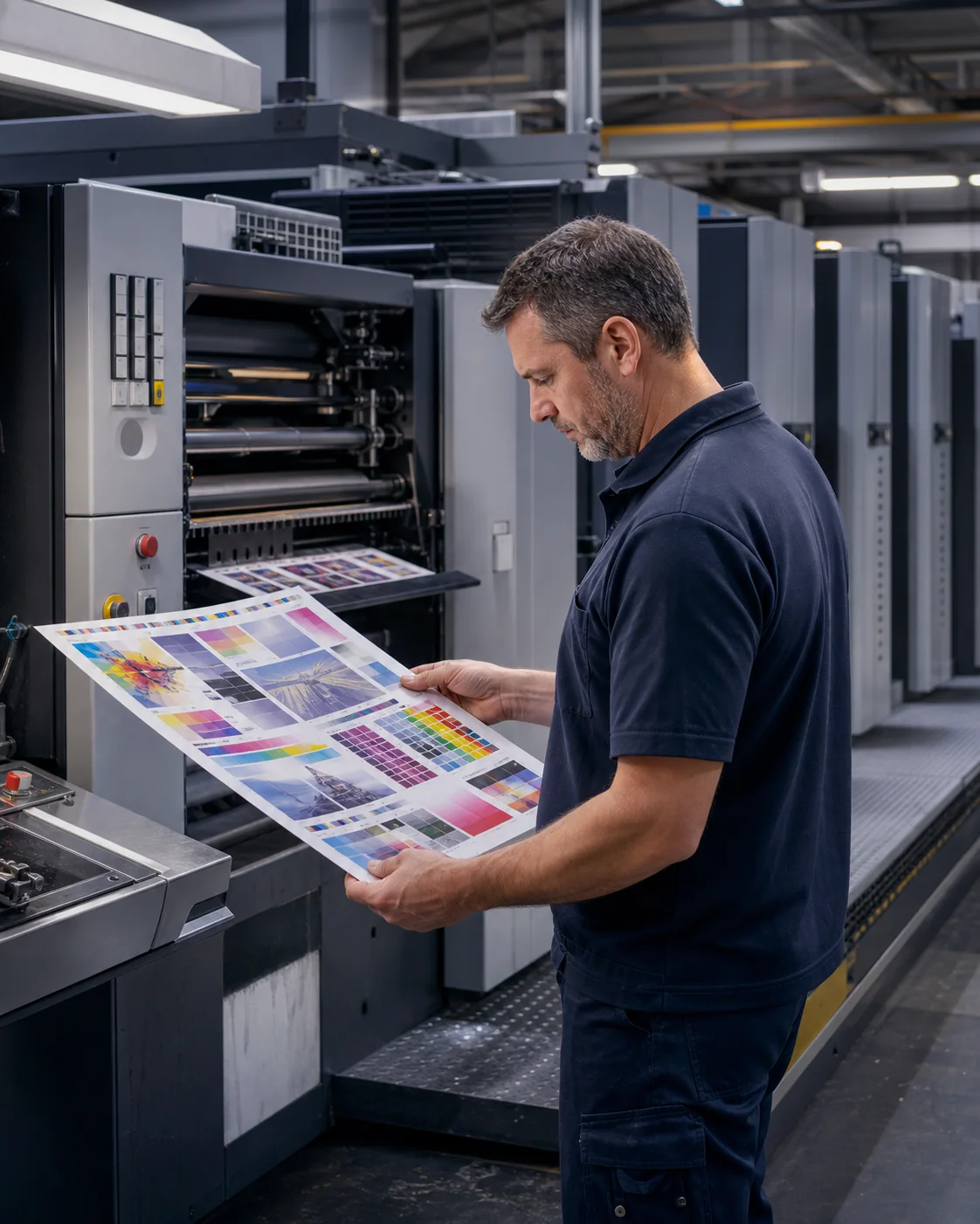 Print technician inspecting color and registration beside a modern offset printing press